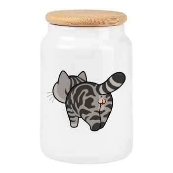 Gray tabby cartoon cat - Cookie Jar with Wooden Lid - white - Front