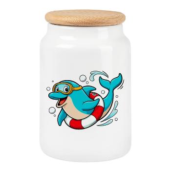 Funny dolphin with diving goggles - Cookie Jar with Wooden Lid - white - Front