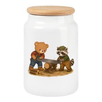 Bär und Waschbär beim Holzsägen Waldarbeit Tiere - Keksdose mit Holzdeckel - Weiß - Vorne