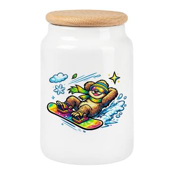 Snow Surfer Sloth - Cookie Jar with Wooden Lid - white - Front