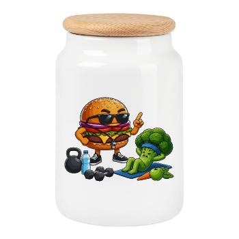 Burger-Gym Hero trifft Brokkoli-Training - Keksdose mit Holzdeckel - Weiß - Vorne