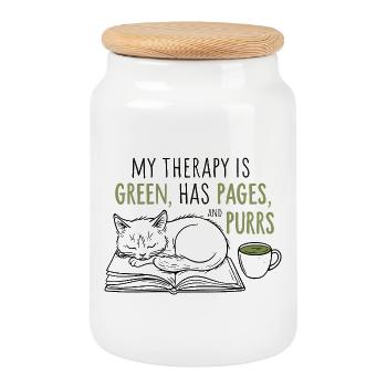 Cozy Book Lover Cat & Matcha T-Shirt Gift - Cookie Jar with Wooden Lid - white - Front