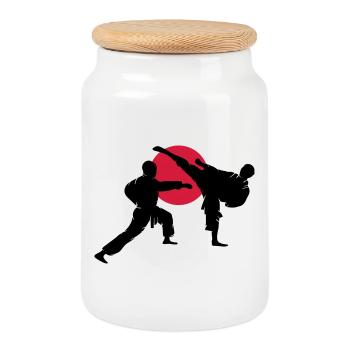 two karate fighter - Cookie Jar with Wooden Lid - white - Front