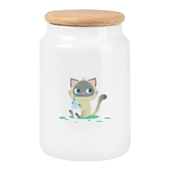 Chat boit du lait, chaton, miaou, chat, chaton - Boîte à biscuits avec couvercle en bois - blanc - Devant