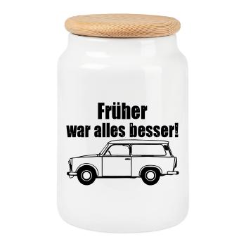  , Trabi , DDR Kult , früher besser (25) - Keksdose mit Holzdeckel - Weiß - Vorne