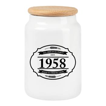 All original parts of 1958 - Cookie Jar with Wooden Lid - white - Front