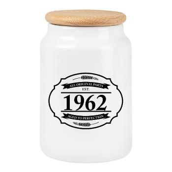 All original parts of 1962 - Cookie Jar with Wooden Lid - white - Front