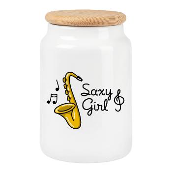 Saxy girl - Sexy fille saxophone pun - Boîte à biscuits avec couvercle en bois - blanc - Devant