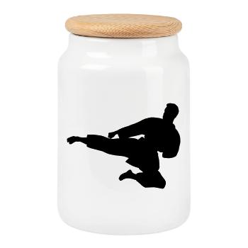Karaté ou taekwondo sauté latéralement - Boîte à biscuits avec couvercle en bois - blanc - Devant