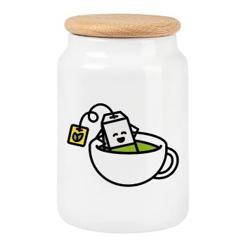 Drôle de sachet de thé Matcha Green dans teacup spa Yoga - Boîte à biscuits avec couvercle en bois - blanc - Devant