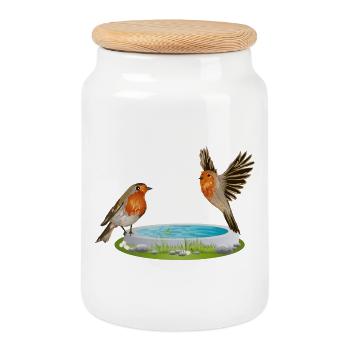 Bird potions with two fun robins - Cookie Jar with Wooden Lid - white - Front