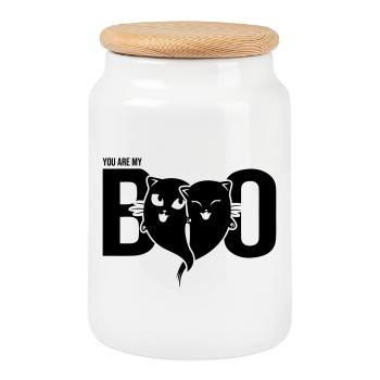 Cat Ghost - Tu es mon boo - Cœur - Halloween - Boîte à biscuits avec couvercle en bois - blanc - Devant