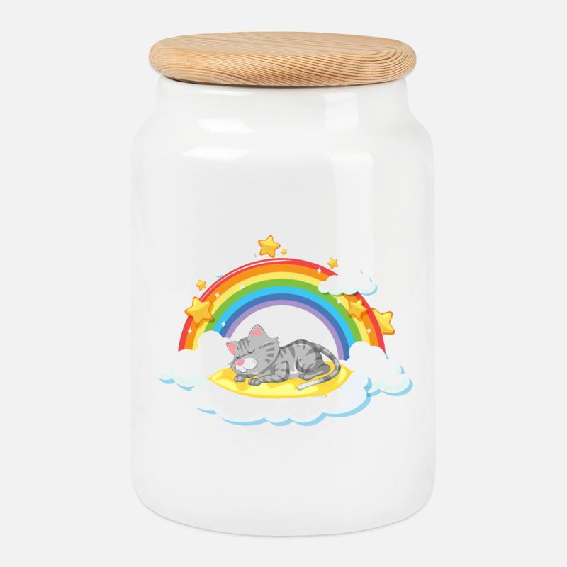 Träumende Katze auf der Regenbogenwolke - Keksdose mit Holzdeckel - Weiß