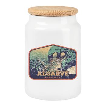 Retro-Abzeichen, Algarve Portugal, Strand Sommersonne - Keksdose mit Holzdeckel - Weiß - Vorne