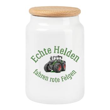 Echte Helden fahren rote Felgen! - Keksdose mit Holzdeckel - Weiß - Vorne