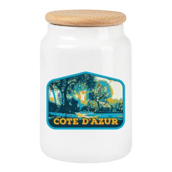 Illustrated view of the French Riviera, France - Cookie Jar with Wooden Lid - white - Front