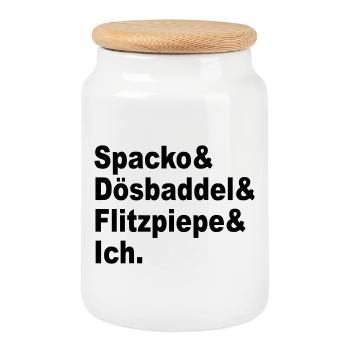 Spacko, Dösbaddel, Flitzpiepe, Ich. - Keksdose mit Holzdeckel - Weiß - Vorne
