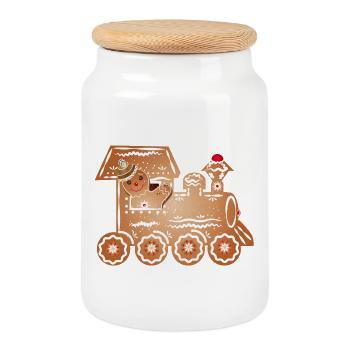 Gingerbread man as train driver in the gingerbread train - Cookie Jar with Wooden Lid - white - Front