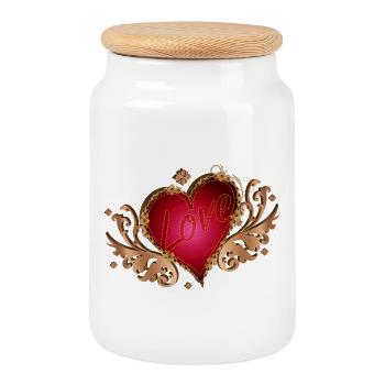Cœur rouge avec ailes et écriture en bois - Boîte à biscuits avec couvercle en bois - blanc - Devant