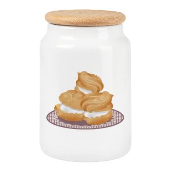 Illustration de trois choux à la crème fourrés - Boîte à biscuits avec couvercle en bois - blanc - Devant