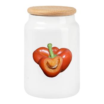 Ja Paprika! Lustiges Gemüse lacht froh glücklich - Keksdose mit Holzdeckel - Weiß - Vorne