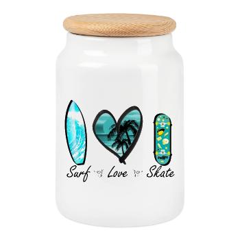 surf love skate vague coeur - Boîte à biscuits avec couvercle en bois - blanc - Devant