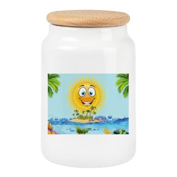 Sunny Island Cartoon Sun - Cookie Jar with Wooden Lid - white - Front