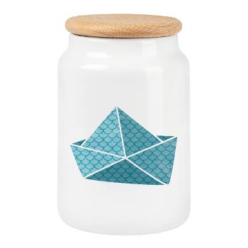 Bateau en papier hangar à poissons prêt pour les vacances bateau de navire - Boîte à biscuits avec couvercle en bois - blanc - Devant