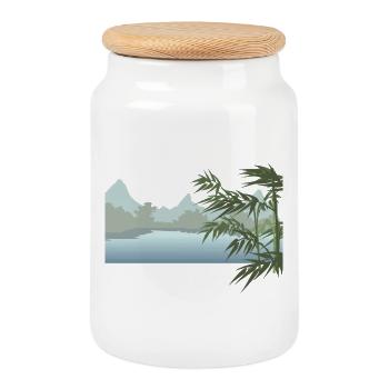 River landscape with palm leaves - Cookie Jar with Wooden Lid - white - Front