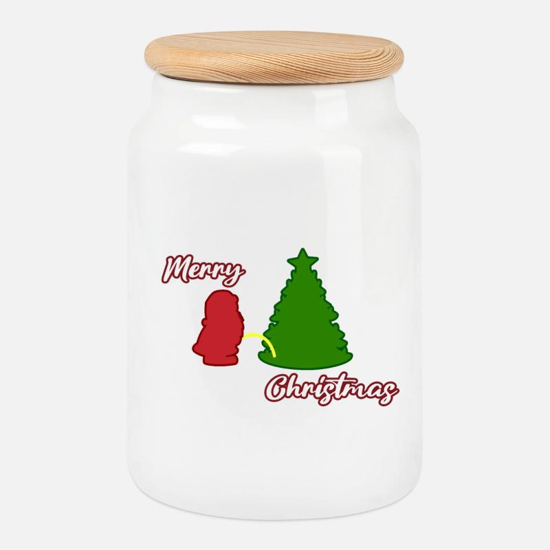Santa peeing - Christmas Tree - Weihnachtsmann - Keksdose mit Holzdeckel - Weiß