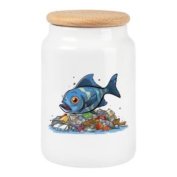 Fish in Plastic Sea Pollution Shirt - Cookie Jar with Wooden Lid - white - Front