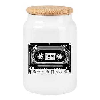 Cassette audio design rétro noir - Boîte à biscuits avec couvercle en bois - blanc - Devant
