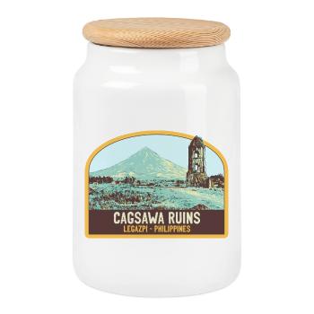 Ruins of Cagsawa, Mayon Volcano, Philippines - Cookie Jar with Wooden Lid - white - Front