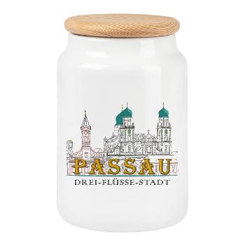 Vue Sur Le Danube De Passau, Bavière, Allemagne, Dessin - Boîte à biscuits avec couvercle en bois - blanc - Devant