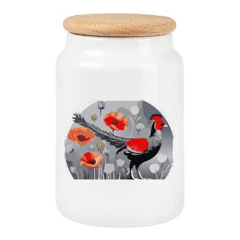 Fasanen- und Mohnblumen-Illustration - Keksdose mit Holzdeckel - Weiß - Vorne
