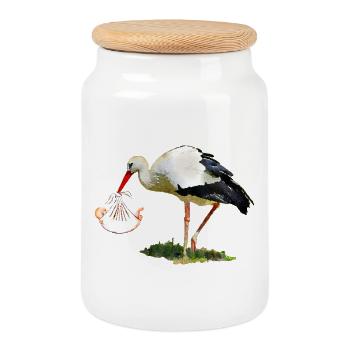 Cigogne avec bébé dans une écharpe - Boîte à biscuits avec couvercle en bois - blanc - Devant