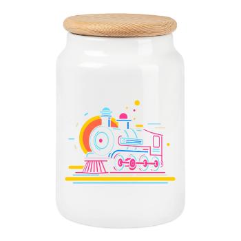 Railway Caricature - Cookie Jar with Wooden Lid - white - Front