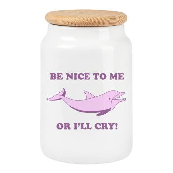 Süßer Delfin – Be Nice to Me or I’ll Cry - Keksdose mit Holzdeckel - Weiß - Vorne