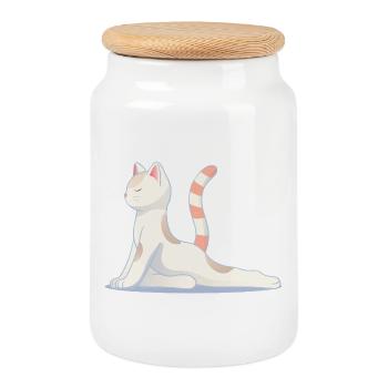Chat en posture de yoga méditatif - Boîte à biscuits avec couvercle en bois - blanc - Devant