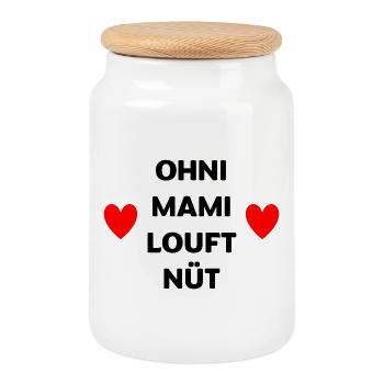 Ohni Mami louft nüt – Herz Design Mundart - Keksdose mit Holzdeckel - Weiß - Vorne