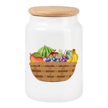 Fruit basket with colorful fruit motif - Cookie Jar with Wooden Lid - white - Front