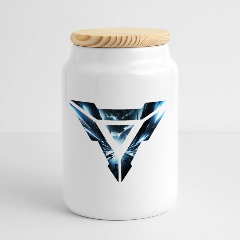 Futuristic Cyber Realm Triangular Design Cookie Jar with Wooden Lid