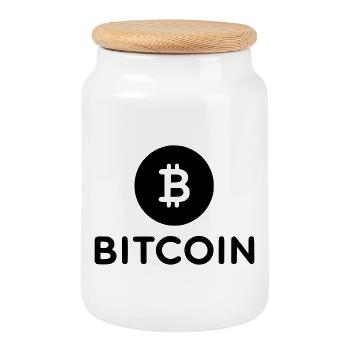 Bitcoin mit rundem Icon - Keksdose mit Holzdeckel - Weiß - Vorne