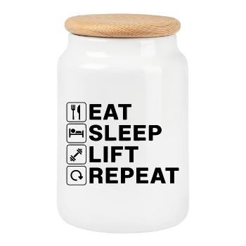 Eat Sleep Lift Repeat Gym Lover Quote - Cookie Jar with Wooden Lid - white - Front