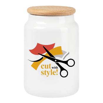 Design élégant inspiré des ciseaux et du tissu - Boîte à biscuits avec couvercle en bois - blanc - Devant