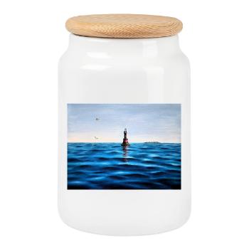 Phare sur le calme bleu de la mer Adriatique Croatie - Boîte à biscuits avec couvercle en bois - blanc - Devant