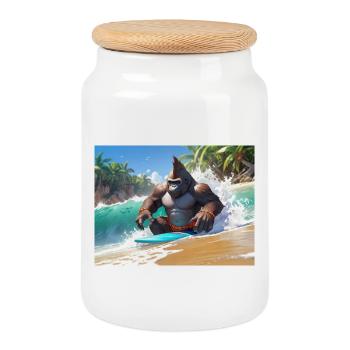 Gorilla surfur tropical - Cookie Jar with Wooden Lid - white - Front