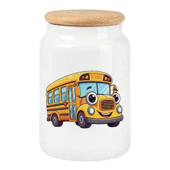 Cheerful school bus with big eyes - Cookie Jar with Wooden Lid - white - Front