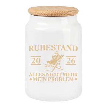 Ruhestand 2026 - Gans im Liegestuhl - Keksdose mit Holzdeckel - Weiß - Vorne