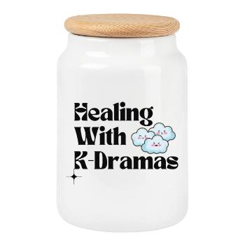 Guérir avec les K-dramas | Nuage mignon Cadeau esthétique - Boîte à biscuits avec couvercle en bois - blanc - Devant